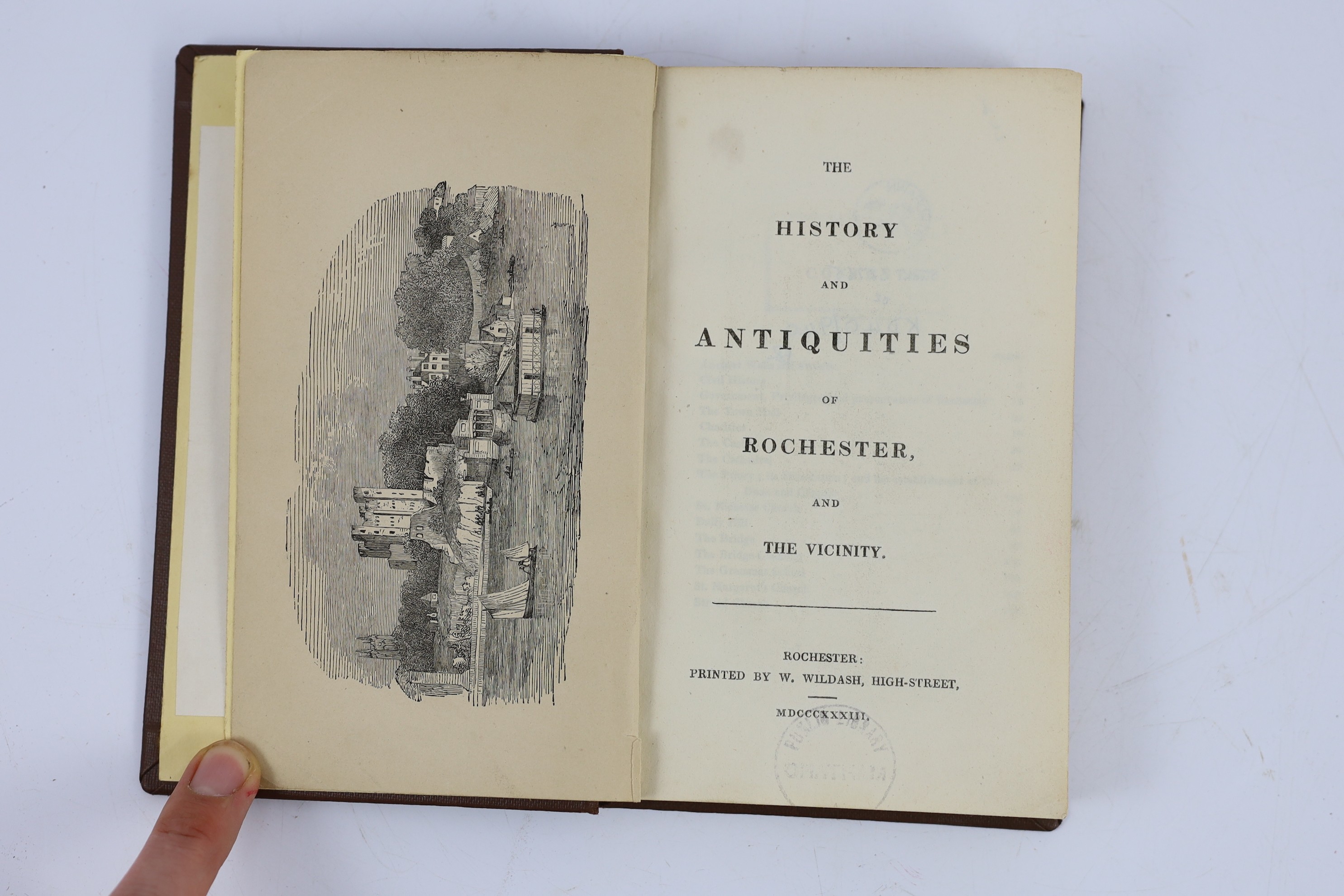 KENT: (? Rawlinson, Richard) The Antiquities of the Cathedral Church of Rochester....text decorations; contemp. gilt ruled calf with panelled spine and red label, sm. 8vo. 1723; Wright's Topography of Rochester, Chatham.